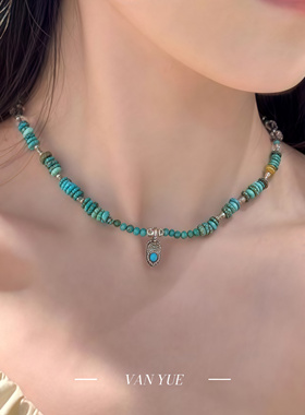 S925银绿松石圆珠白水晶圆珠盾牌吊坠项链