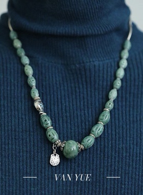 S925银小鱼扎基吊牌玛瑙翡翠铜钱雕刻桶珠苹果珠抽绳项链多样性发