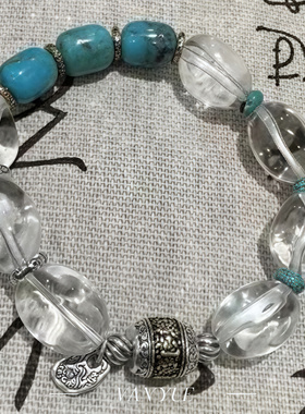 S925银随形白水晶绿松石六字真言上上福松石隔珠弹力手串