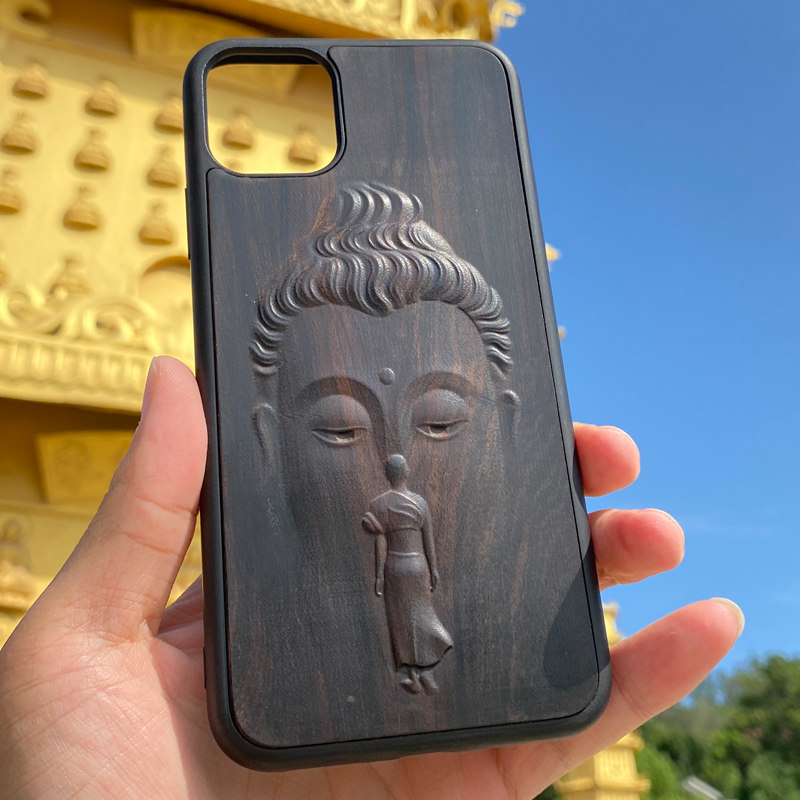 一心向佛禅意浮雕黑檀木手机壳