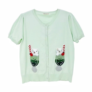 Cuty定制 日系可爱提花汽水小熊图案小清新百搭开衫