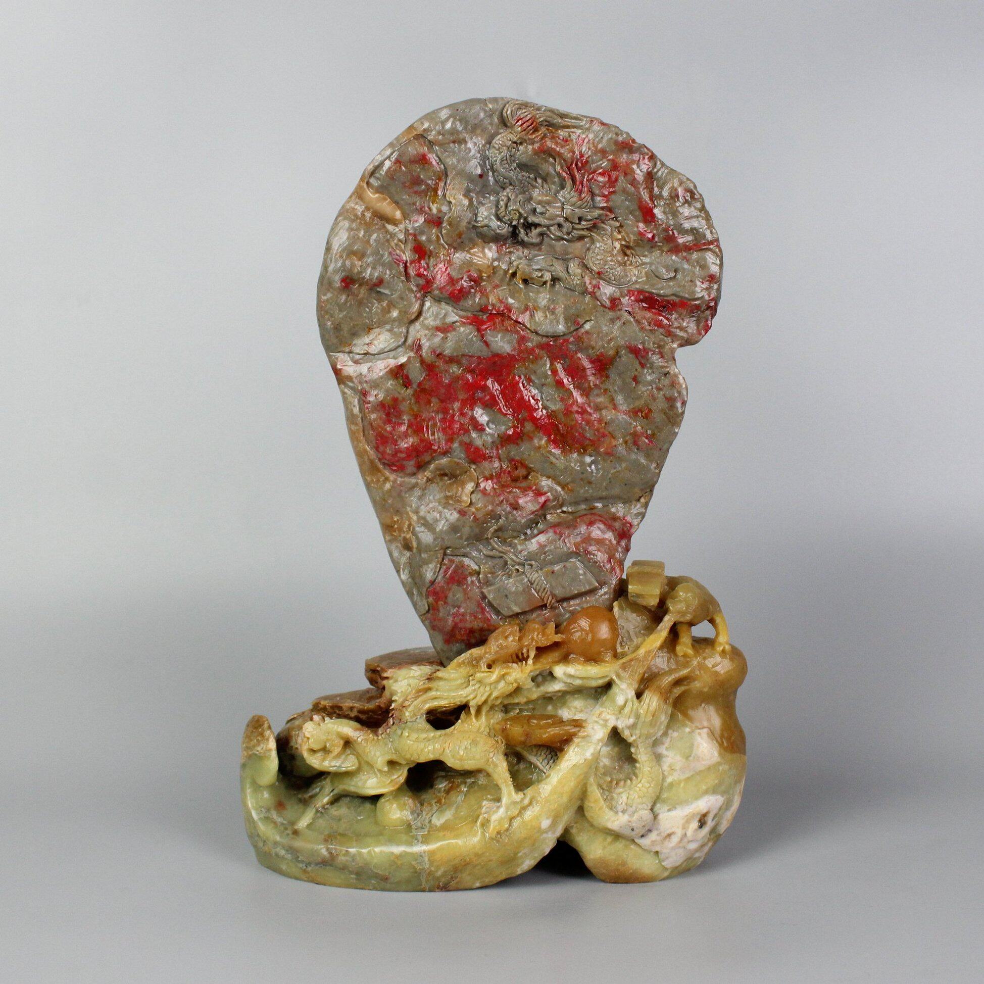 昌化鸡血石雕刻摆件祥龙送宝精美植物青田寿山纯手工艺术浮透新品