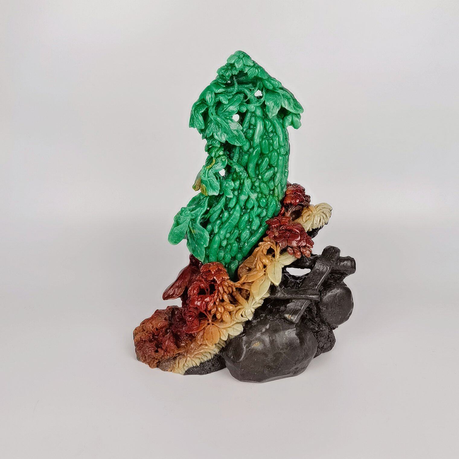 苦瓜尽甘来青田石雕刻摆件广东翡翠绿天然手工艺术精品果实累累美