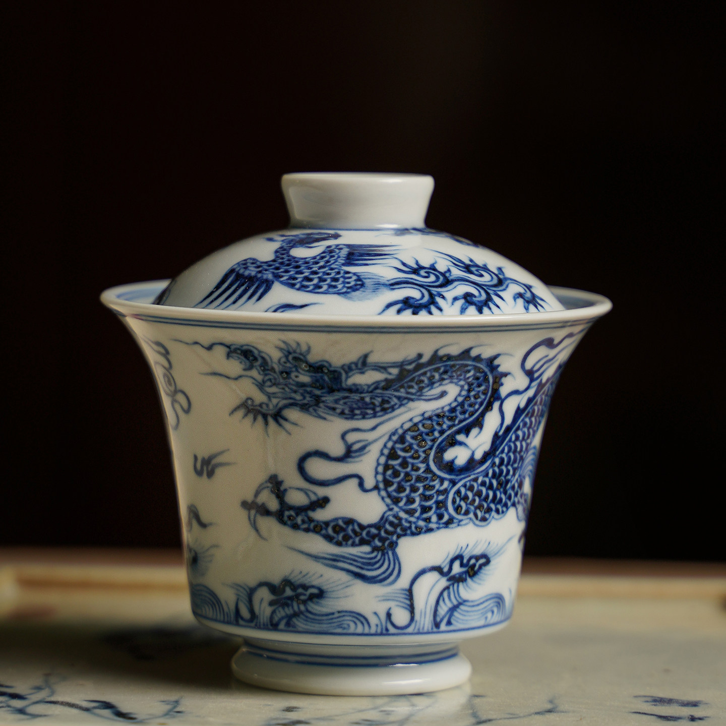 清雨香景德镇手绘青花元代龙纹两才马蹄盖碗 非九段茶具茶器精品