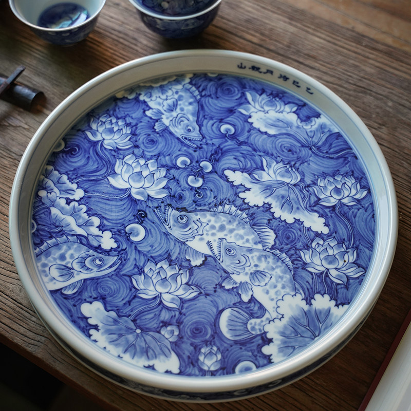 淡淡清女香手绘青花星空鱼藻茶盘景德镇手工陶瓷茶具茶盘壶承
