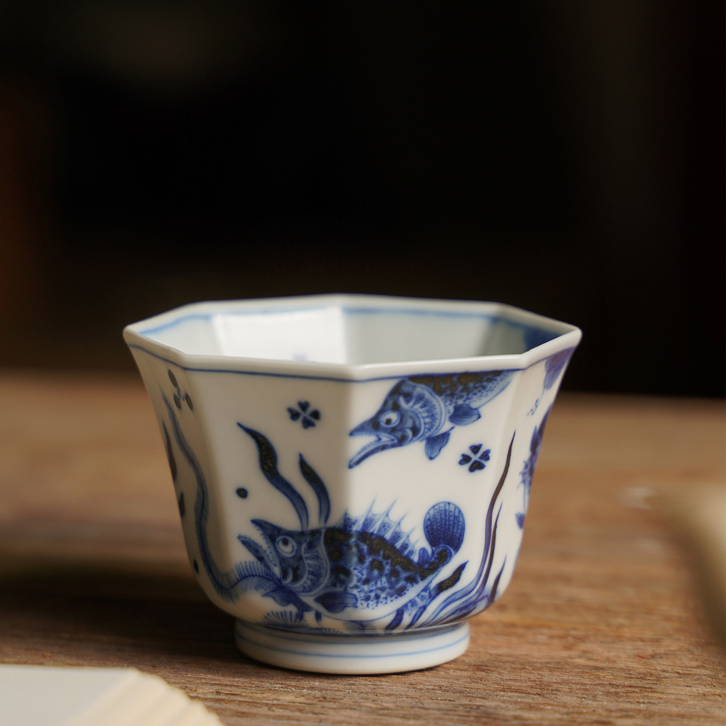 景德镇纯青花陶鱼藻纹茶杯茶具