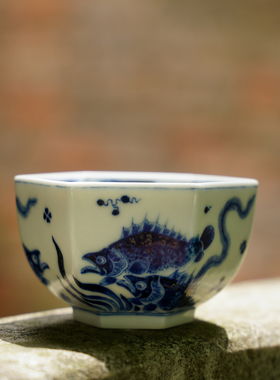 淡淡清女香景德镇手绘青花手工拉胚传统原矿鱼藻六方杯茶具茶仿古