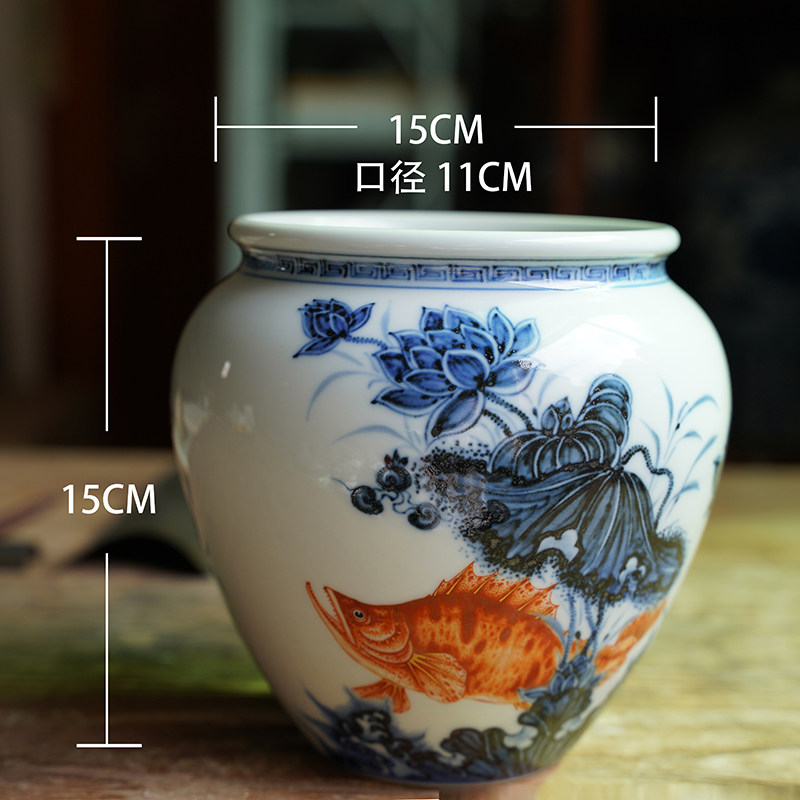 淡淡清雨香手绘青花矾红荷花鱼藻建水景德镇手工陶瓷茶具水洗