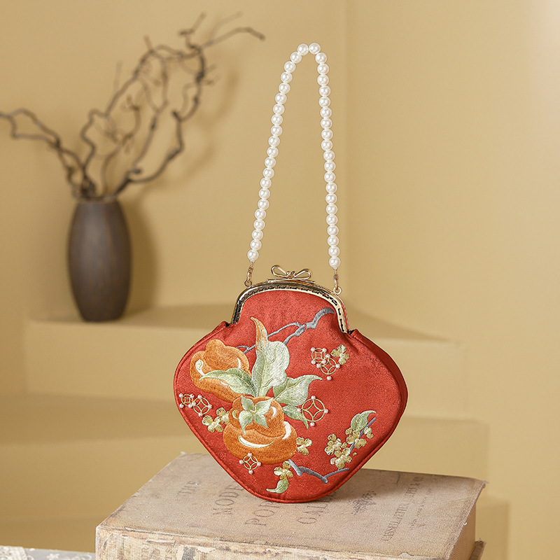 心想柿成新中式手提包新娘绣荷包配旗袍珍珠包结婚红色手工口金包