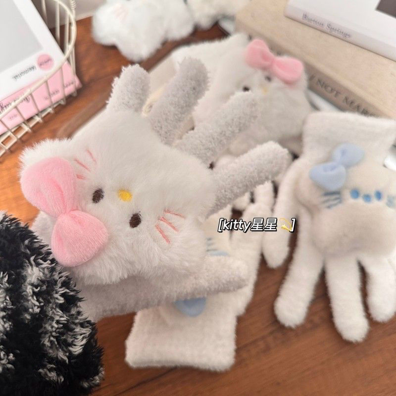暖呼呼可爱星星Hello Kitty手套女冬季毛绒保暖防寒学生骑行手套