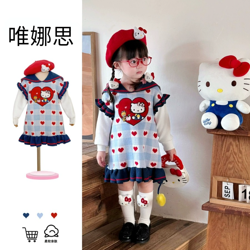 KT猫2025秋冬新款女童连衣裙卡通格子可爱甜美翻领爱心针织毛衣裙