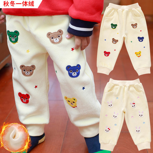 现货秋冬男女儿童卡通熊兔加绒长裤日系宝宝一体绒保暖束脚裤亲肤