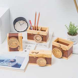 创意照相机音乐盒木质笔筒书房卧室办公桌摄影摆件装 饰节日小礼物