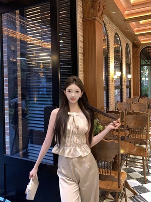 *矜贵钱新套组*浅香槟蝴蝶结系带上衣+香槟金蕾丝醋酸裤