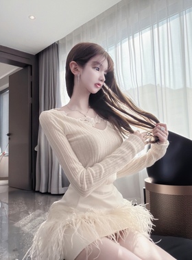 *泡菜国feel*yjy蕾丝镂空针织上衣+鸵鸟毛羽毛重工半裙