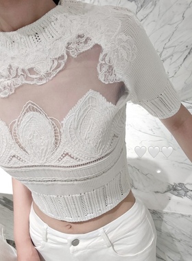 e*s*蕾丝统治区*黑白两色镂空绣花短袖针织衫上衣