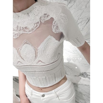 e*s*蕾丝统治区*黑白两色镂空绣花短袖针织衫上衣