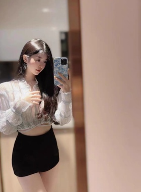 薄如蝉翼冷清透视春夏小众设计淡蓝色短款绑带纯欲上衣