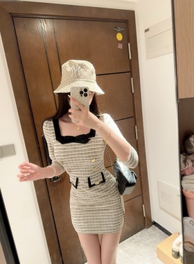 *乖嗲气质一体*韩系H领蝴蝶结五分袖短款小香风连衣裙女