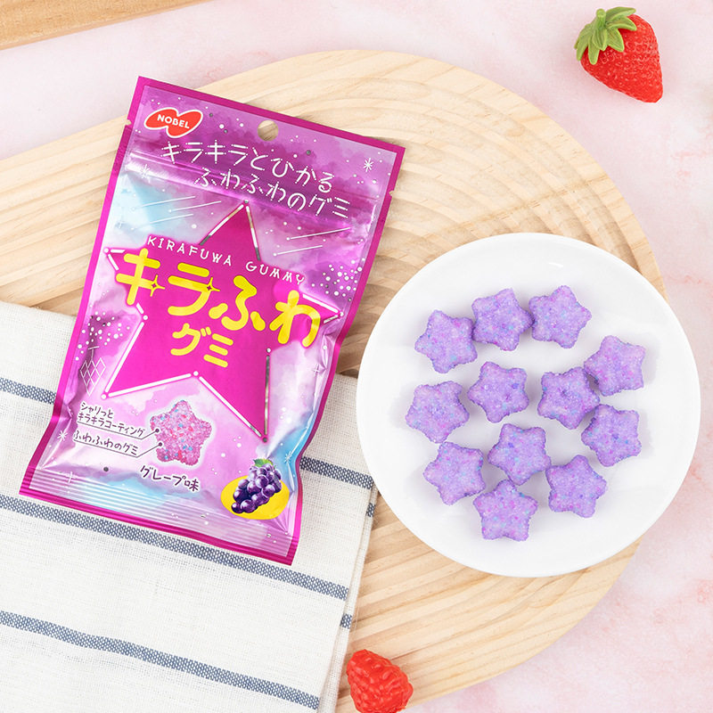 宝宝日本进口零食Nobel诺贝尔星星糖葡萄味果汁软糖棉花糖爆酸甜