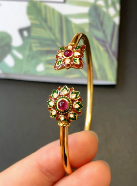 925纯银花朵红宝石手镯