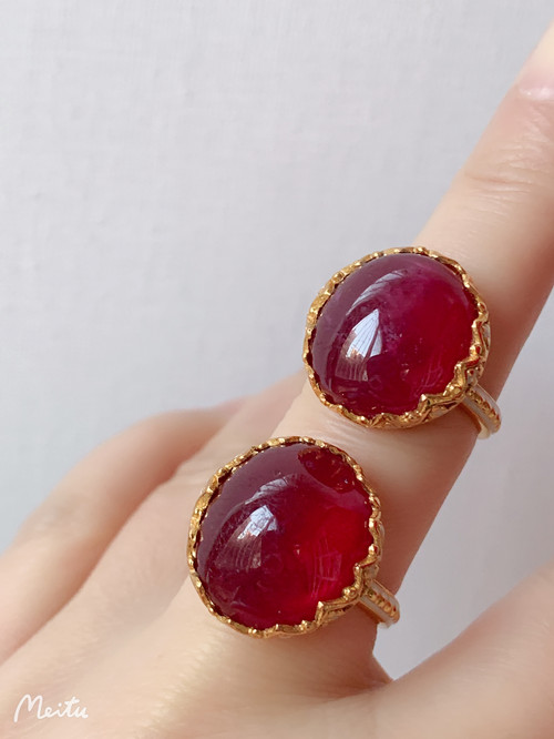 进口珐琅彩鎏24k金红宝石戒指 近圆形大颗粒红宝石戒面