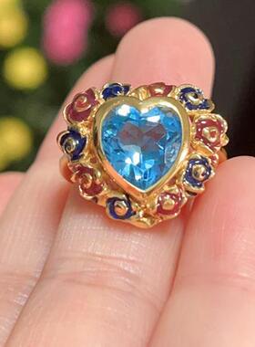 进口珐琅彩鎏24K金天然托帕石戒指14号戒圈 爱心型景泰蓝色
