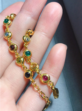珐琅彩手链925纯银鎏金彩宝宝石手链 双面宝石小珠 双面松石手链