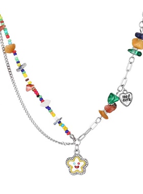 彩色串珠项链女夏日轻奢小众双层叠戴吊坠气质百搭锁骨链