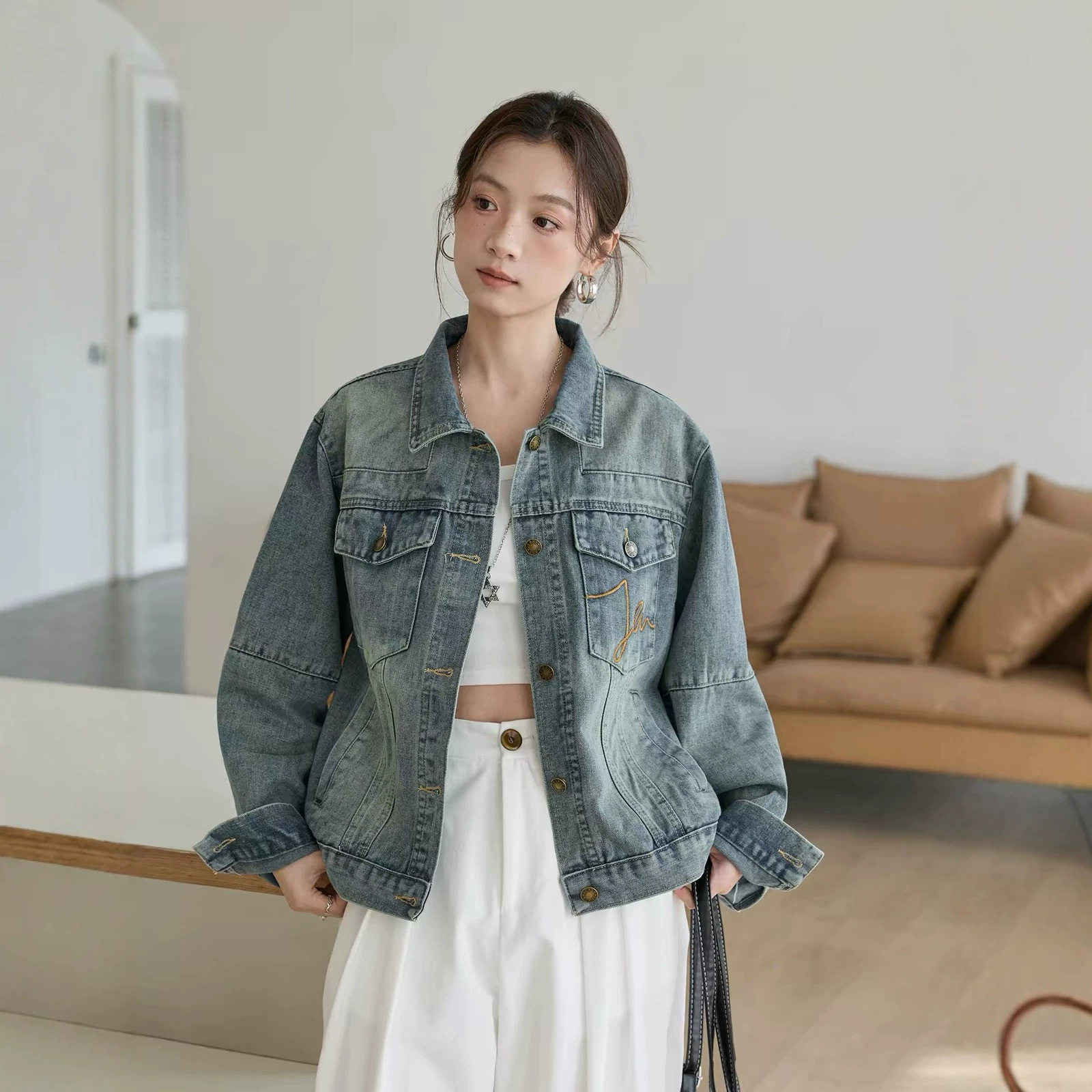 复古深蓝色牛仔外套女春秋2026春秋新款宽松水洗做旧翻领夹克上衣