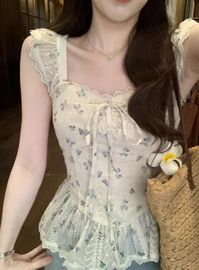 梦幻紫色碎花小飞袖女上衣弹力打揽收腰小裙摆时髦百搭休闲娃娃衫