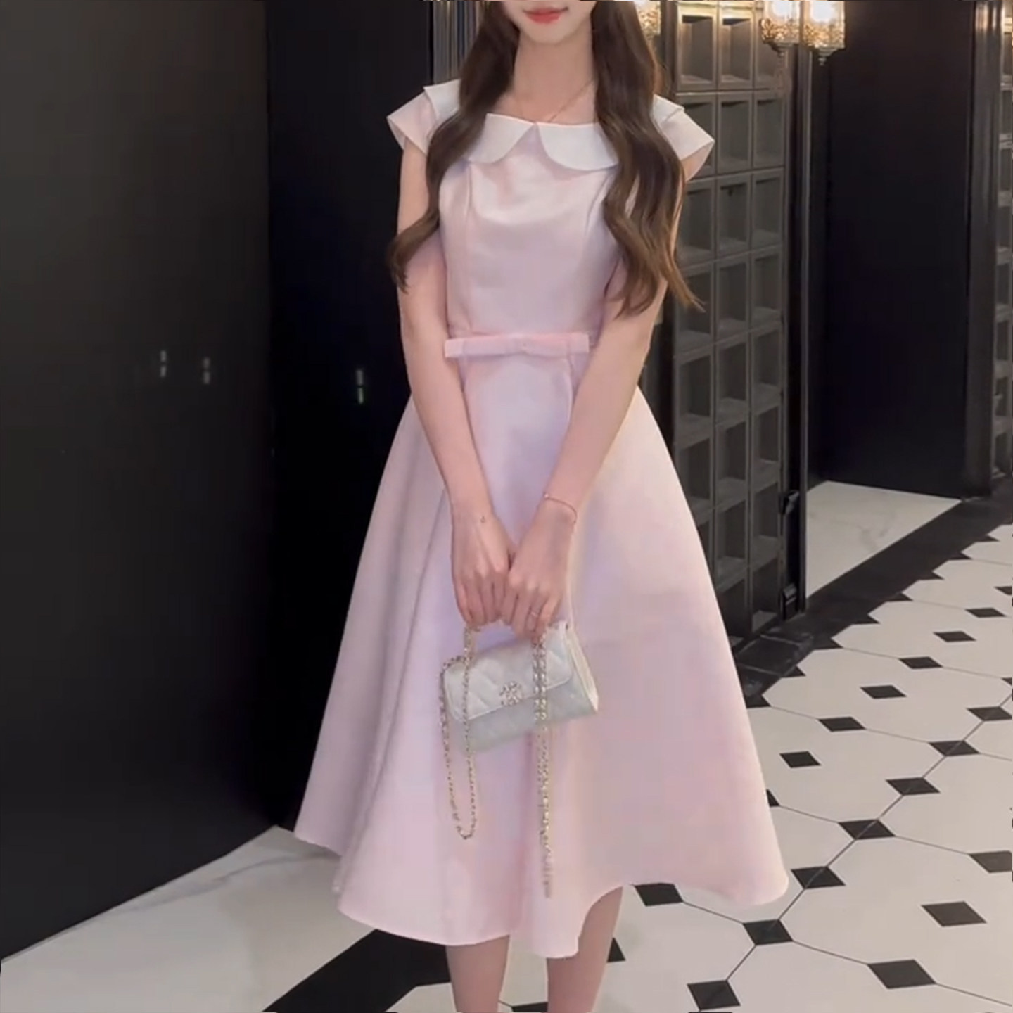 法式气质娃娃领粉色连衣裙子女2026春夏季巨好看收腰显瘦减龄长裙