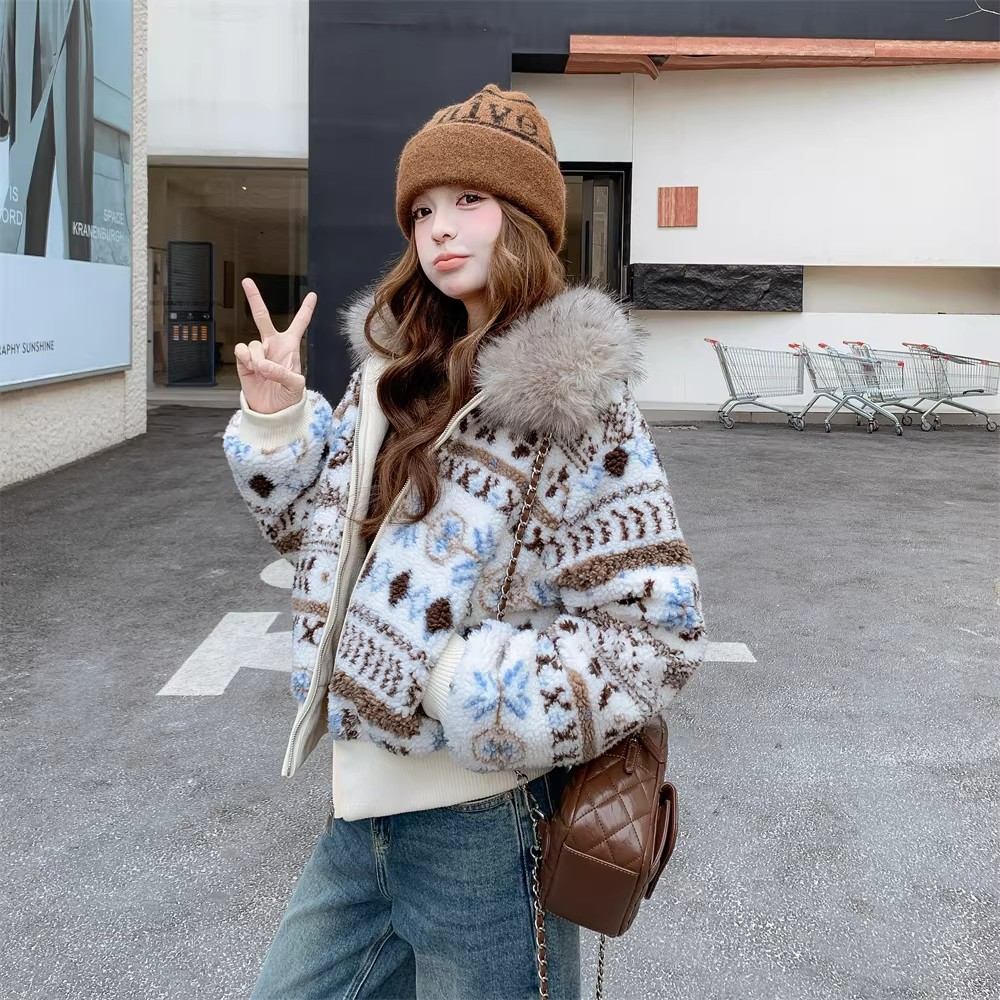 费尔岛碎花毛绒羊羔毛加厚服外套女士冬时尚新款设计流行保暖棉服