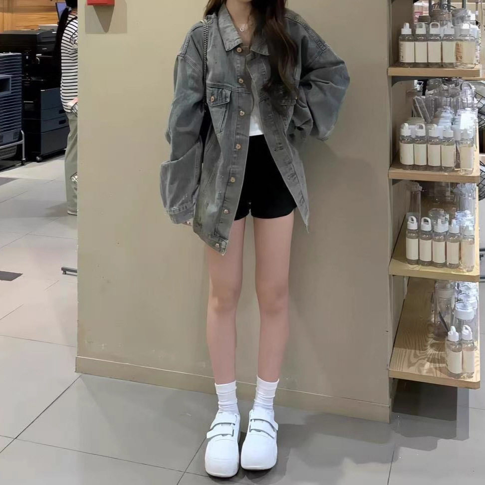 美式复古水洗蓝牛仔外套女生秋季新款宽松慵懒夹克翻领休闲上衣潮
