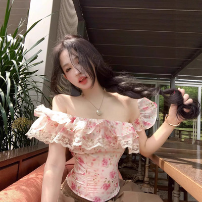 一字肩荷叶边短袖碎花衬衫女夏季蕾丝拼接修身衬衣温柔风收腰上衣