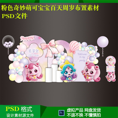 粉色奇妙萌可宝宝百天周岁女孩生日派对布置背景迎宾牌设计ps素材