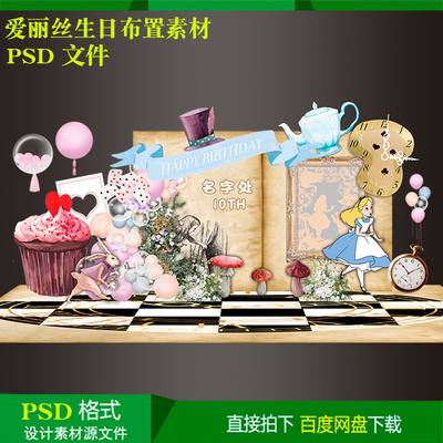 爱丽丝梦游仙境10岁女孩生日气球派对布置背景kt板设计素材源文件