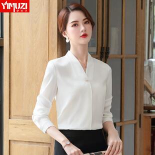 白色雪纺衬衫女春秋2025新款气质小个子V领职业装女士白衬衣上衣
