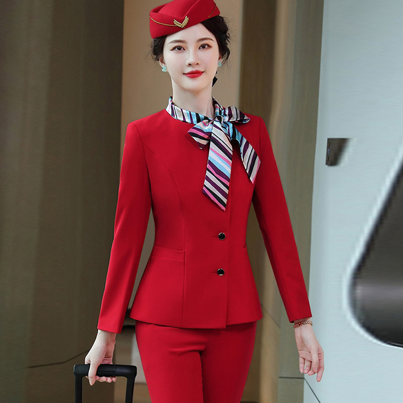 空姐制服职业套装女长袖红色西装军鼓乐队演出服装酒店前台工作服