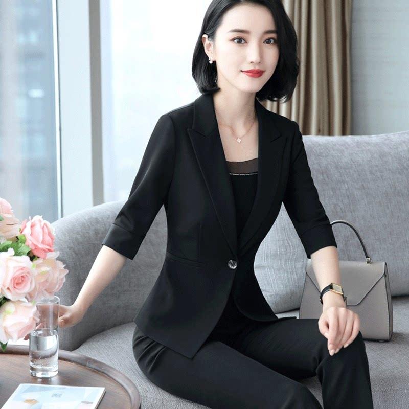 黑色薄款七分袖西装女时尚职业装酒店前台工作服女装套装春夏工装