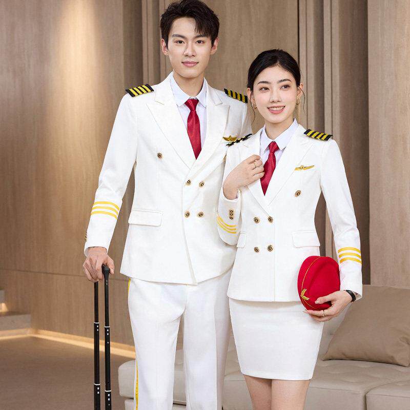 白色西装套装男女仪仗队军鼓表演出服航空高铁乘务员机长空姐制服