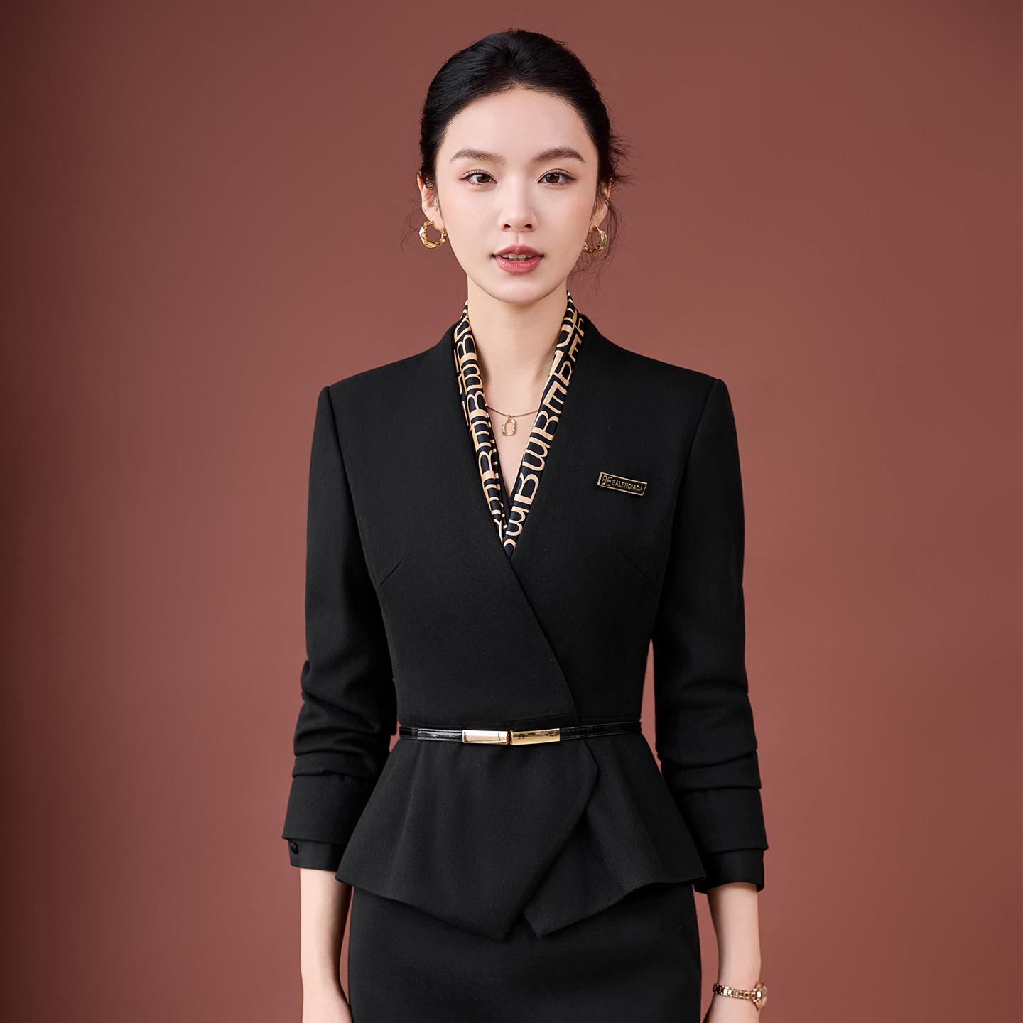 黑色西装套装女气质职业装秋冬美容师美容院工作服酒店前台工作装