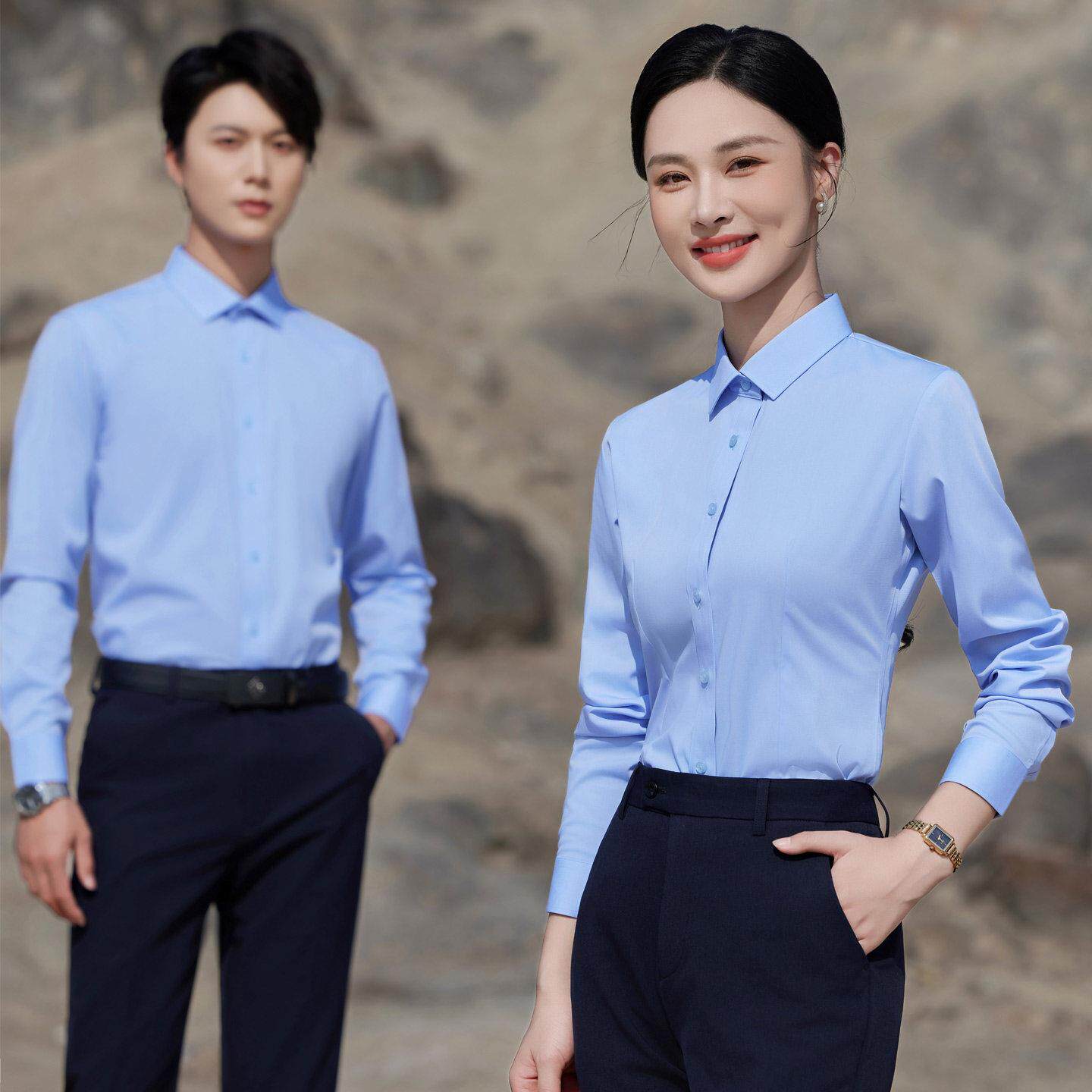 浅蓝色衬衫女职业长袖教师面试通勤正装男女款工作服抗皱定制logo