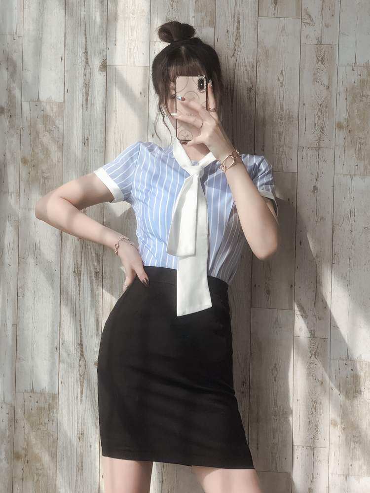 职业套装女夏季条纹衬衫酒店前台工作装售楼部女衬衣时尚洋气气质