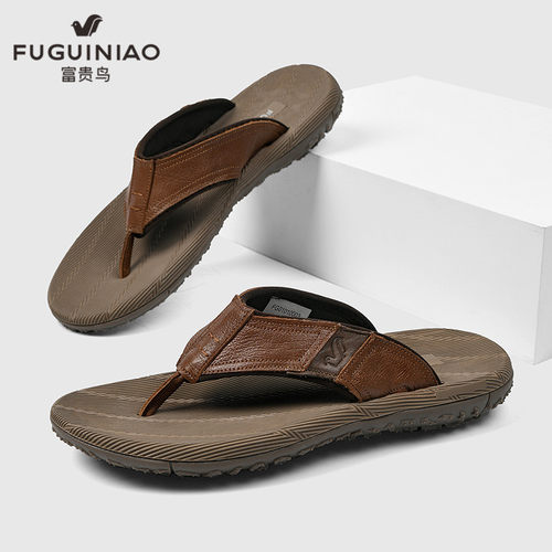 富贵鸟外穿拖鞋男真皮防滑人字拖