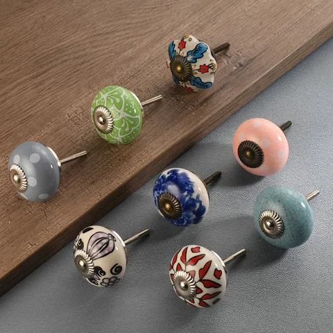 陶瓷拉手把手单孔彩绘家具五金多橱柜门简约花纹装饰家居