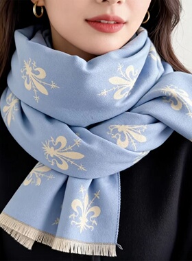 法国羊绒围巾女2026春夏中国风鸢尾花双面长方形浅蓝色披肩高级感