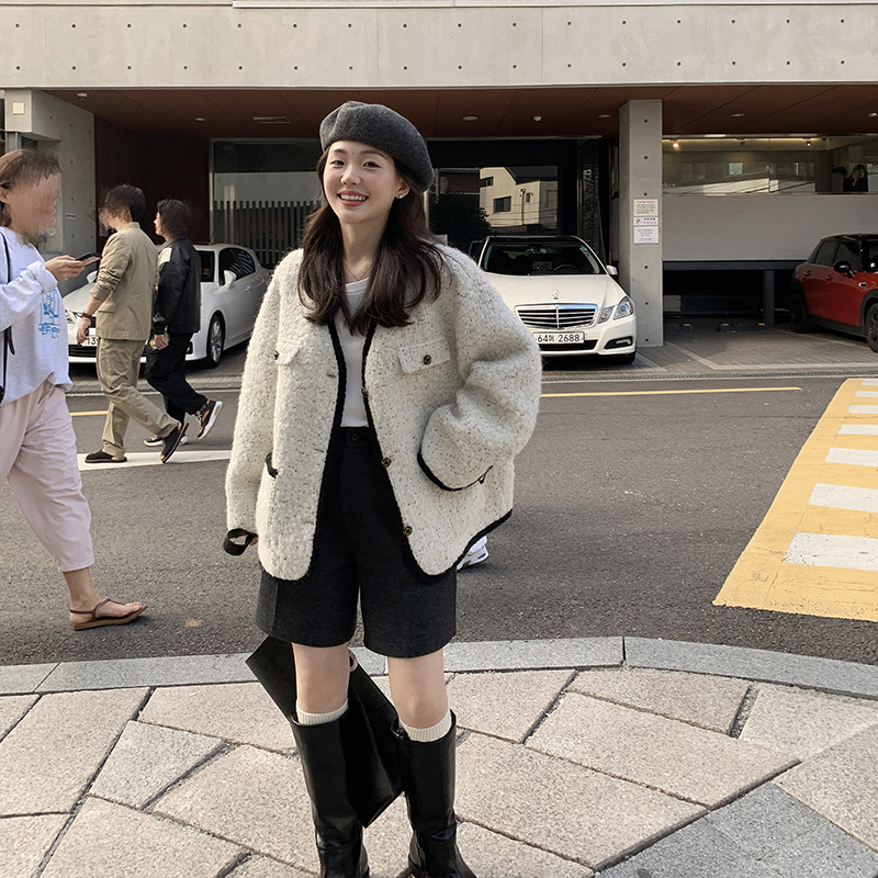 一三良品小个子 小香风毛呢外套女重工长袖复古V领羊毛粗花呢上衣