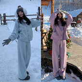 连帽卫衣两件套装 拖地裤 女冬 加厚绒运动休闲卫裤 一三良品小个子