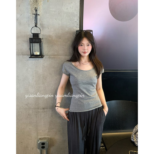 显瘦收腰大圆领短袖T恤女夏上衣